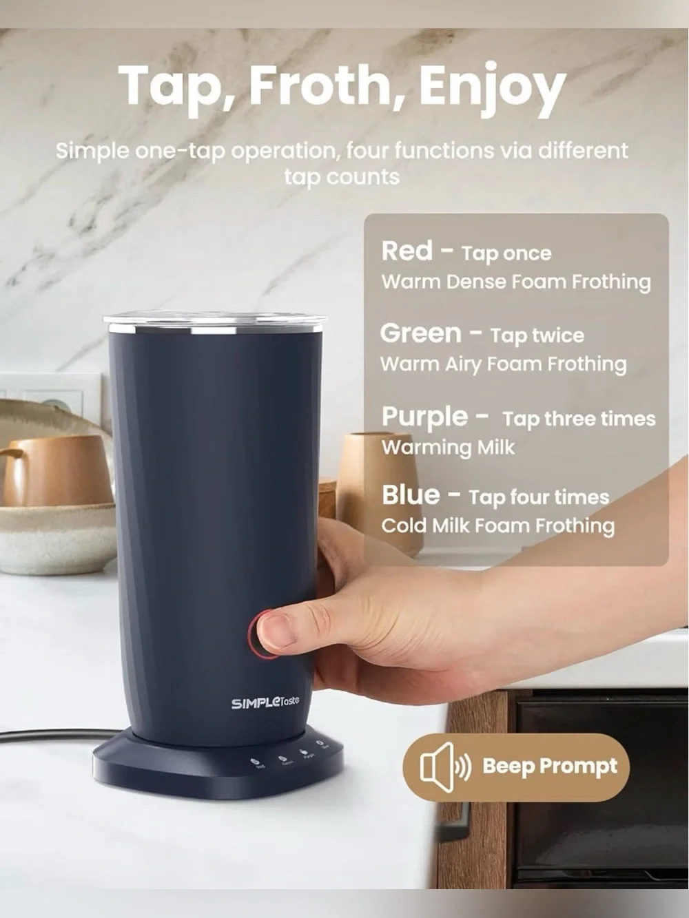 SIMPLETASTE Milk Frother, 4-in-1 Electric Automatic Milk Steamer Dark Blue
